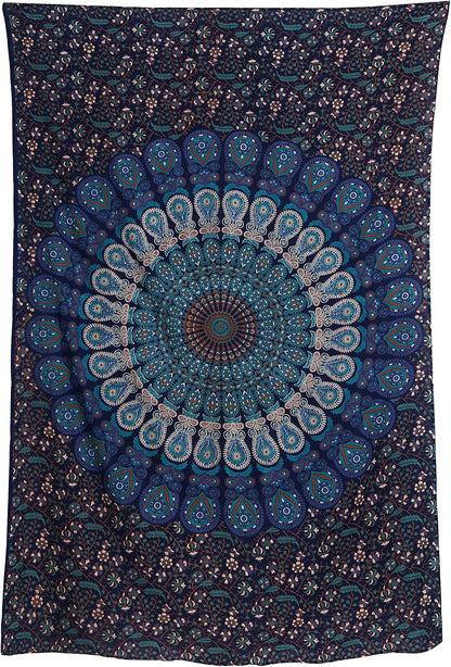 Bless International Handmade Indian hippie Bohemian Psychedelic Peacock Mandala Wall hanging College Dorm Beach Throws Table Cloth Bedding Tapestry (Blue Green, Medium(54x60Inches)(137x152cms))