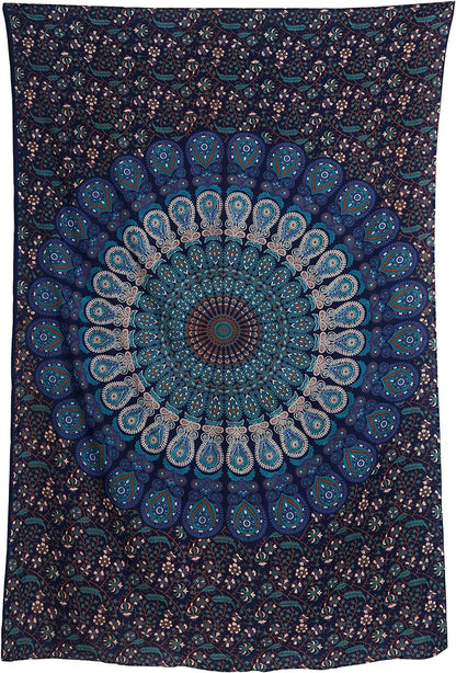 Bless International Handmade Indian hippie Bohemian Psychedelic Peacock Mandala Wall hanging College Dorm Beach Throws Table Cloth Bedding Tapestry (Blue Green, Twin(54x72Inches)(140x185cms))