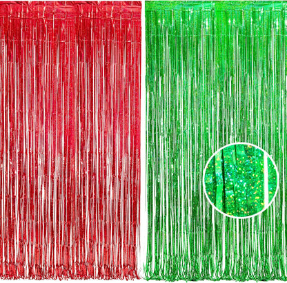 BRAVESHINE Tinsel Foil Fringe Curtains - 2 Pack 3.2 x 8.2 ft Metallic Photo Booth Streamer Backdrops for Birthdays Fiestas Melons Hawaiian Luau Tropical-Theme Christmas Party Decorations - Red Green