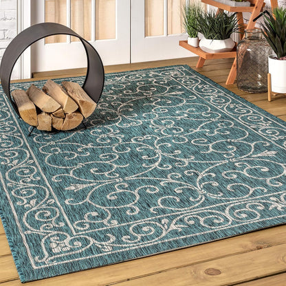 JONATHAN Y Vintage Filigree Indoor Outdoor Area Rug 8X10 Teal/Gray, Charleston Textured Weave for Backyard, Patio, Porch, Easy-Cleaning, High Traffic, Pet-Friendly, Non-Shedding (SMB106F-8)