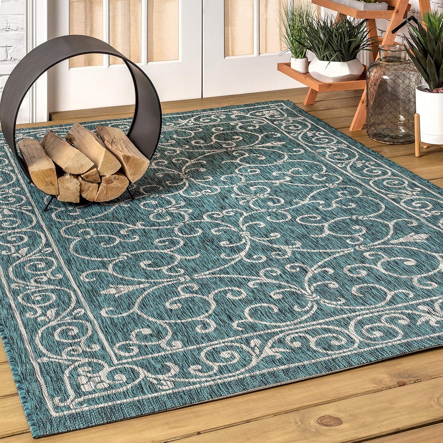 JONATHAN Y Vintage Filigree Indoor Outdoor Area Rug 9X12 Teal/Gray, Charleston Textured Weave for Backyard, Patio, Porch, Easy-Cleaning, High Traffic, Pet-Friendly, Non-Shedding (SMB106F-9)