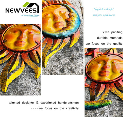 Sun Face Metal Wall Art Décor Outdoor Indoor, Sun Moon Star, Metal Glass Hanging for Garden Sun Face Sculptures & Statues Statues Wall Art for Farmhouse, Patio, Garden Decoration(3 Pack)