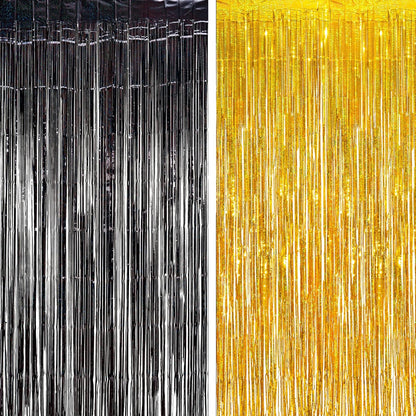 BRAVESHINE Black Gold Foil Fringe Curtain Backdrop - 2 Pack 3.2 x 8.2 ft Metallic Tinsel Photo Booth Streamers Curtains for 50th Birthdays Christmas New Years Anniversary Graduates Party Decorations