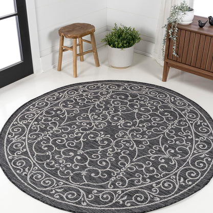 JONATHAN Y Vintage Filigree Indoor Outdoor Round Area Rug 3 Ft Black/Gray, Charleston Textured Weave for Backyard, Patio, Porch, Easy-Cleaning, High Traffic, Pet-Friendly, Non-Shedding (SMB106G-3R)