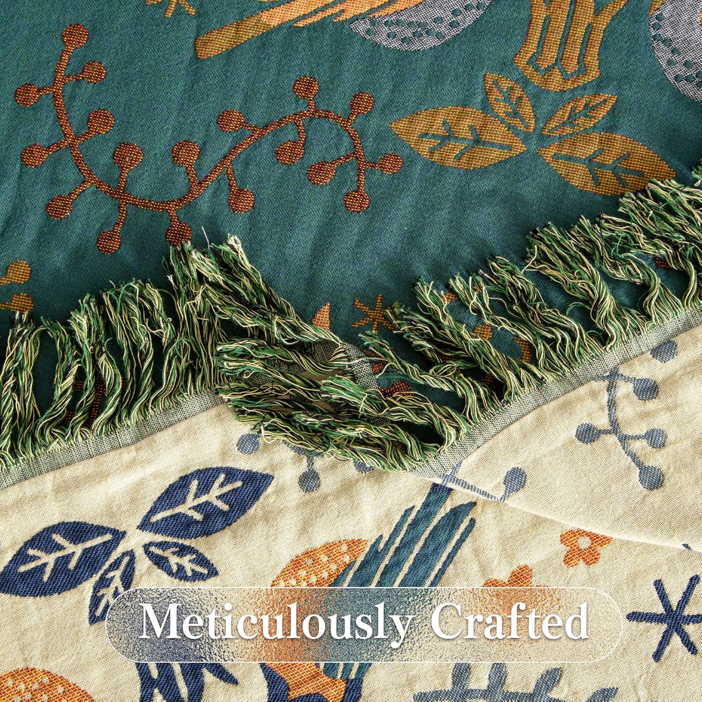 Boho Throw Blanket Queen Size, Oversized Soft Cozy Cotton Muslin Quilt Blanket for Bed Decor, Bird Patterned Couch Sofa Chair Cover, Vintage Farmhouse Cottage Woven Blanket, Green&Beige