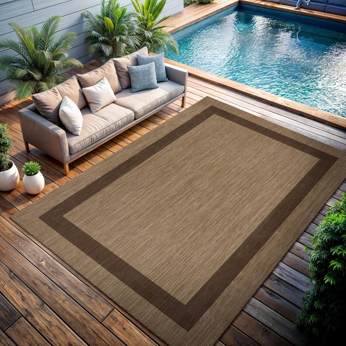 CAMILSON Outdoor Rug 6x9 - Modern Outside Rugs for Patios Porches Waterproof Durable Washable Non-Shedding, Easy-to-Clean Indoor Outdoor Area Carpet (6 x 9, Bordered - Jute)