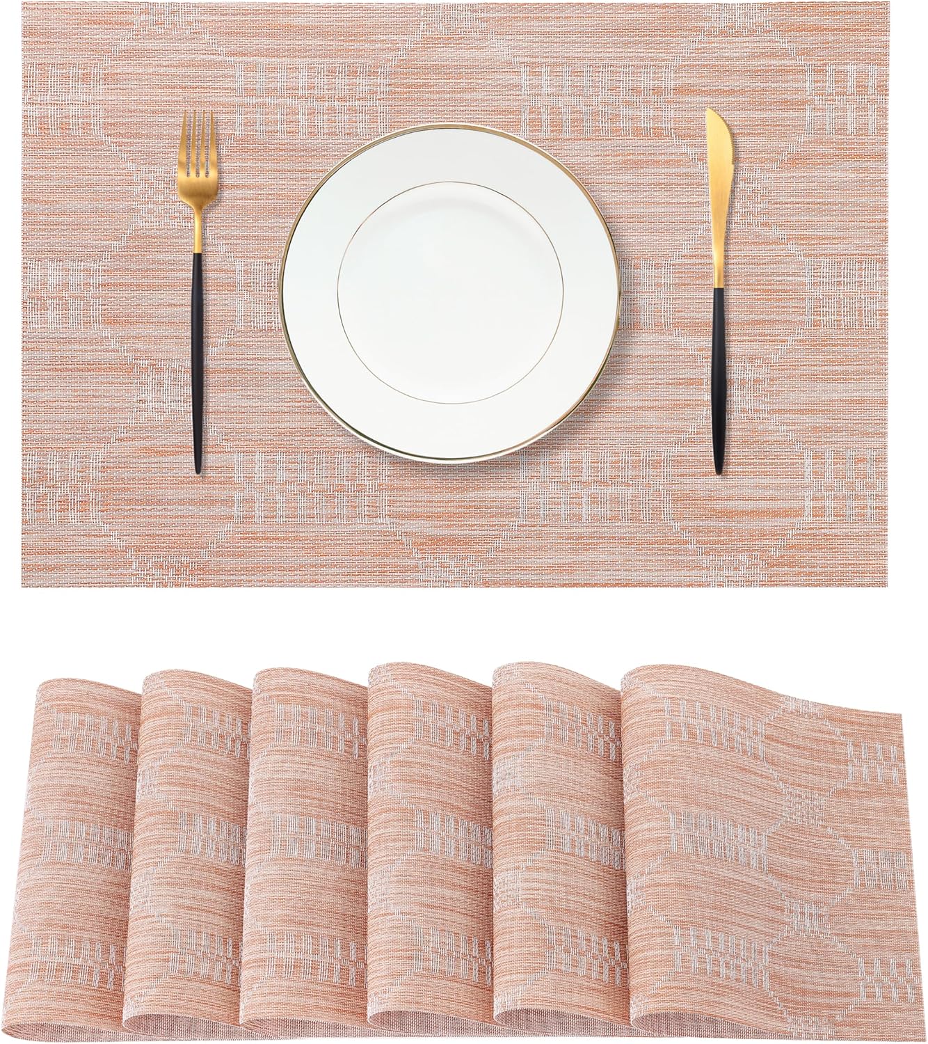 Leetaltree Coral Placemats Set of 6 - Heat Resistant Non-Slip Place mats for Dining Table, Washable Durable PVC Vinyl Woven Table Mats（Coral, 6）