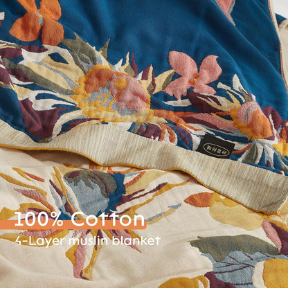 Boho Throw Blanket for Bed 80”x90”, 100% Cotton Woven Blanket for Couch Sofa, Ultra Soft 4-Layer Muslin Quilt with Vintage Floral Printed, Farmhouse Bed Blanket/Cover for Living Room Decor