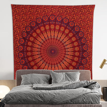 Bless International Handmade Indian hippie Bohemian Psychedelic Peacock Mandala Wall hanging College Dorm Beach Throws Table Cloth Bedding Tapestry (Golden Brown Maroon,