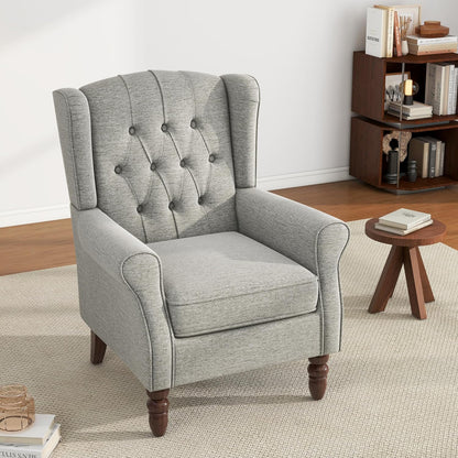 UIXE High Back Accent Chair, Upholstered Armchair in Fabric, Retro Wingback Arm Chair for Living Room, Comfy Single Sofa Bedroom Reading Seat with Solid Wood Legs - Light Gray