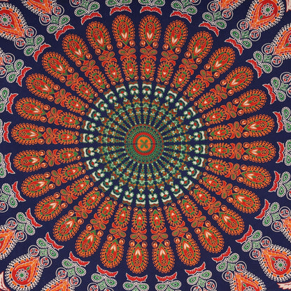 Bless International Handmade Indian hippie Bohemian Psychedelic Peacock Mandala Wall hanging College Dorm Beach Throws Table Cloth Bedding Tapestry (Golden Red Green, Queen(84x90Inches)(215x230Cms))
