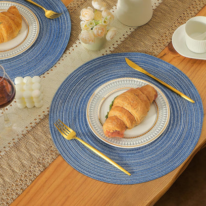 Leetaltree Round Placemats Heat and Slip Resistant Cotton Table Mats, Washable Bohemian Placemats for Dining Tables (Denim Blue, Set of 12)