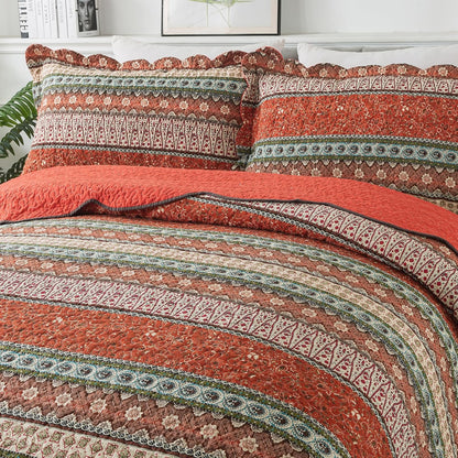 NEWLAKE Cotton Bedspread Quilt Sets - Reversible Patchwork Coverlet Set, Red Striped Jacquard Pattern, Oversized King Size