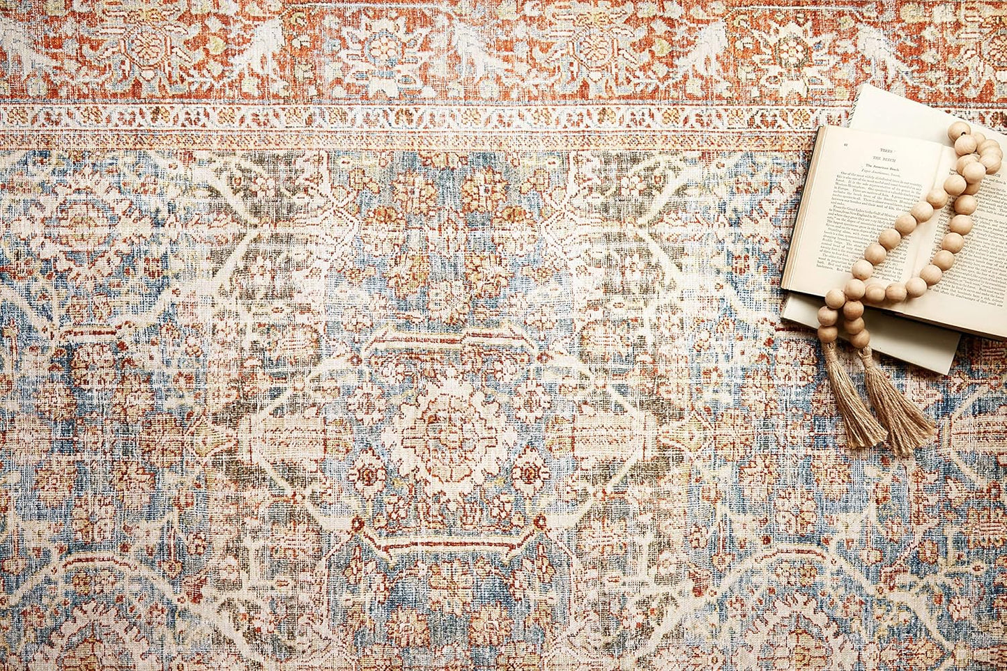 Loloi Layla Collection LAY-04 Ocean/Rust 2'-6" x 9'-6" .13" Thick Runner Rug, Soft, Durable, Vintage Inspired, Distressed, Low Pile, Non-Shedding, Easy Clean, Printed, Living Room Rug