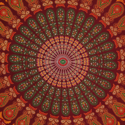 Bless International Handmade Indian hippie Bohemian Psychedelic Peacock Mandala Wall hanging College Dorm Beach Throws Table Cloth Bedding Tapestry (Maroon Yellow, King(88x104Inches)(225x265Cms))