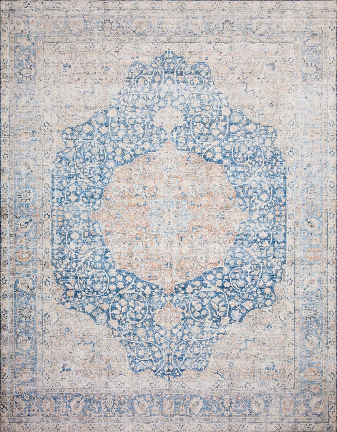 Loloi Layla Collection LAY-07 Blue/Tangerine 2'-0" x 5'-0" .13" Thick Accent Rug, Soft, Durable, Vintage Inspired, Distressed, Low Pile, Non-Shedding, Easy Clean, Printed, Living Room Rug