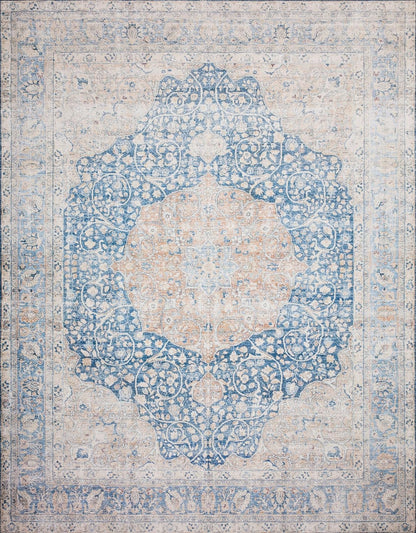 Loloi Layla Collection LAY-07 Blue/Tangerine 2'-6" x 12'-0" .13" Thick Runner Rug, Soft, Durable, Vintage Inspired, Distressed, Low Pile, Non-Shedding, Easy Clean, Printed, Living Room Rug