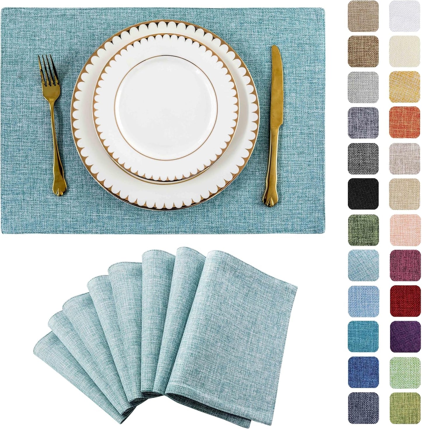 Home Brilliant Cloth Placemats Set of 8 for Holiday Dinner Linen Placemat Heat Resistant Dining Table Place Mats for Kitchen Table, 13 x 19 inches, Teal