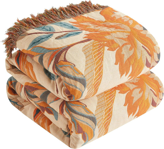 Boho Throw Blanket for Bed 90”x98”, 100% Cotton Woven Blanket for Couch Sofa, Ultra Soft 4-Layer Muslin Quilt with Floral Printed, Farmhouse Bed Blanket/Cover for Living Room Decor