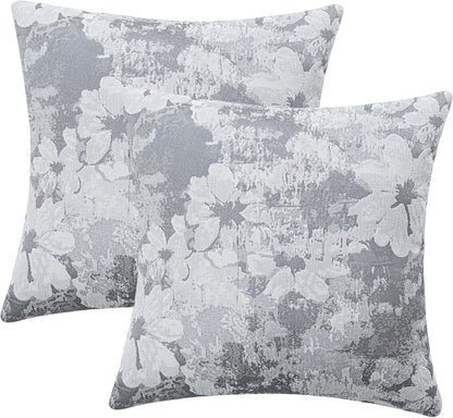Jacquard Throw Pillow Covers 18x18 Inch Set of 2 - Vintage Floral Boho Pillow Cases with Botanical Pattern | Farmhouse Decor for Couch Living Room | Soft Textured Neutral Trio Slate Gray 18" x 18"