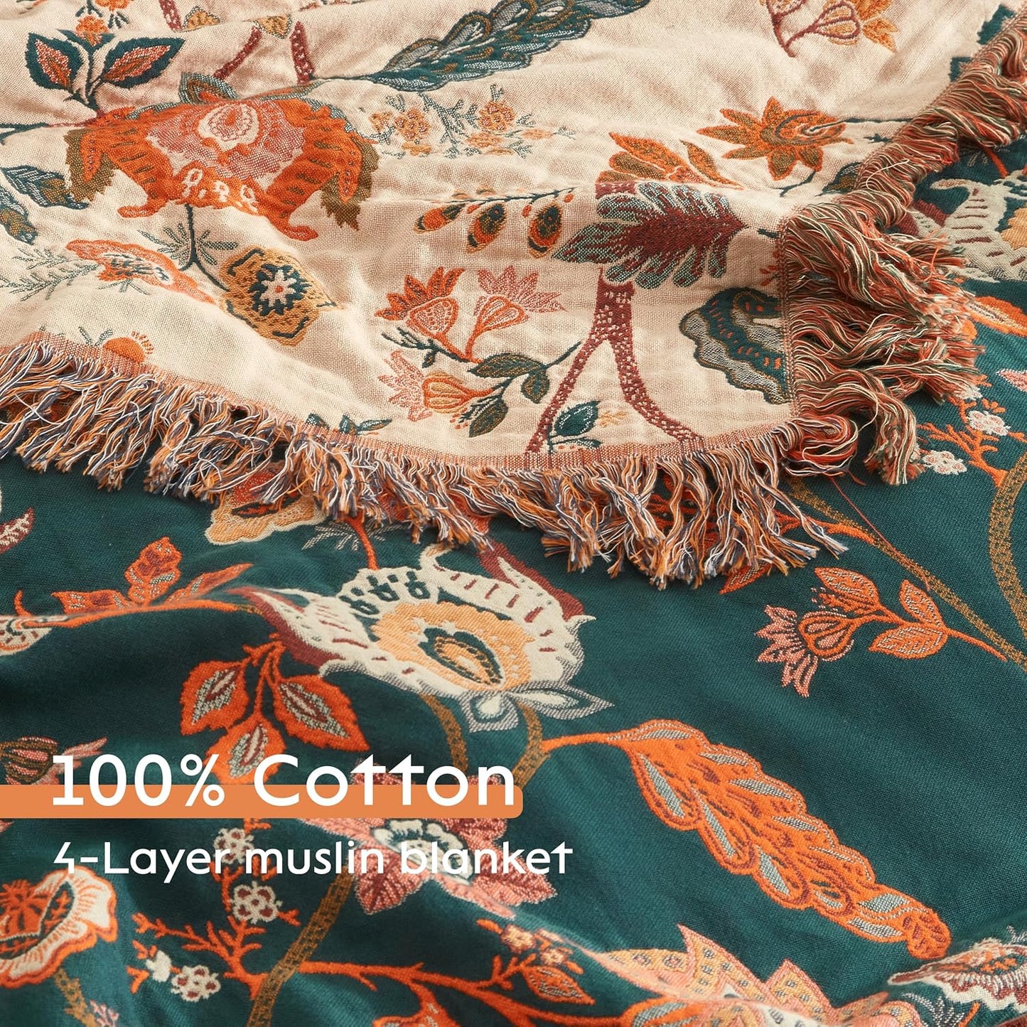 Boho Throw Blanket for Bed 90”x98”, 100% Cotton Woven Blanket for Couch Sofa, Ultra Soft 4-Layer Muslin Quilt with Floral Printed, Farmhouse Bed Blanket/Cover for Living Room Decor