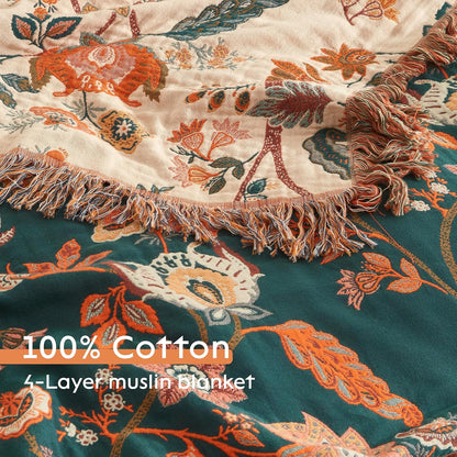 Boho Throw Blanket for Bed 80”x90”, 100% Cotton Woven Blanket for Couch Sofa, Ultra Soft 4-Layer Muslin Quilt with Floral Printed, Farmhouse Bed Blanket/Cover for Living Room Decor
