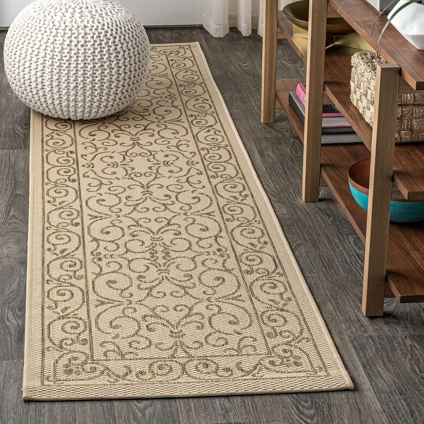 JONATHAN Y Vintage Filigree Indoor Outdoor Runner Rug 2X8 Beige/Brown, Charleston Textured Weave for Backyard, Patio, Porch, Easy-Cleaning, High Traffic, Pet-Friendly, Non-Shedding (SMB106A-28)