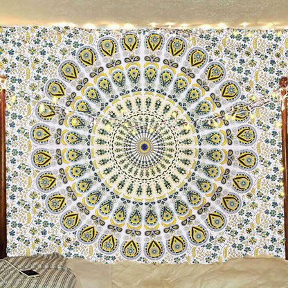 Bless International Handmade Indian hippie Bohemian Psychedelic Peacock Mandala Wall hanging College Dorm Beach Throws Table Cloth Bedding Tapestry (Yellow Green, Twin(54x72Inches)(140x185cms))