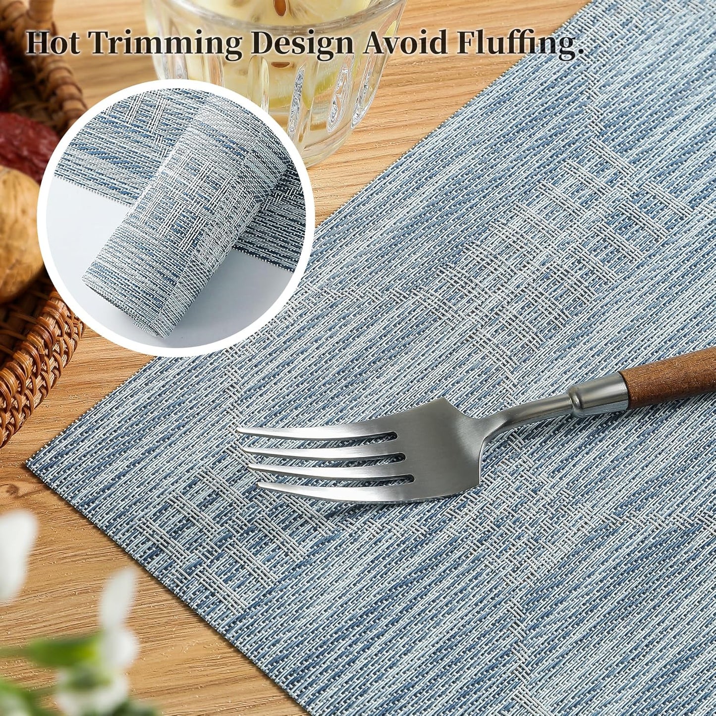 Leetaltree Jacquard Blue Placemats Set of 8 - Heat Resistant Non-Slip Place mats for Dining Table, Washable Durable PVC Vinyl Woven Table Mats(Jacquard Blue, 8)