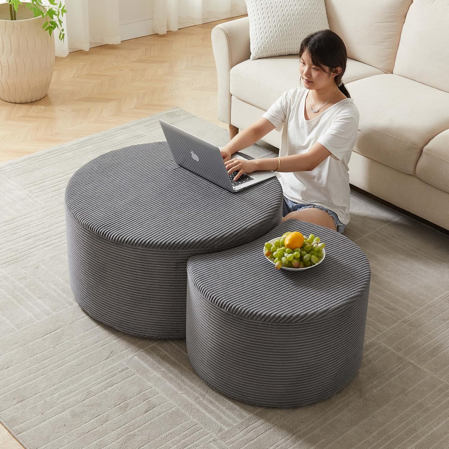 WILLIAMSPACE 50" Foam Nesting Coffee Table Set of 2, Modern Upholstered Round Center Tables for Living Room, Accent Side Tea Table Ottoman, No Assembly - Grey