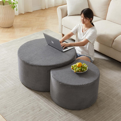 WILLIAMSPACE 50" Foam Nesting Coffee Table Set of 2, Modern Upholstered Round Center Tables for Living Room, Accent Side Tea Table Ottoman, No Assembly - Grey