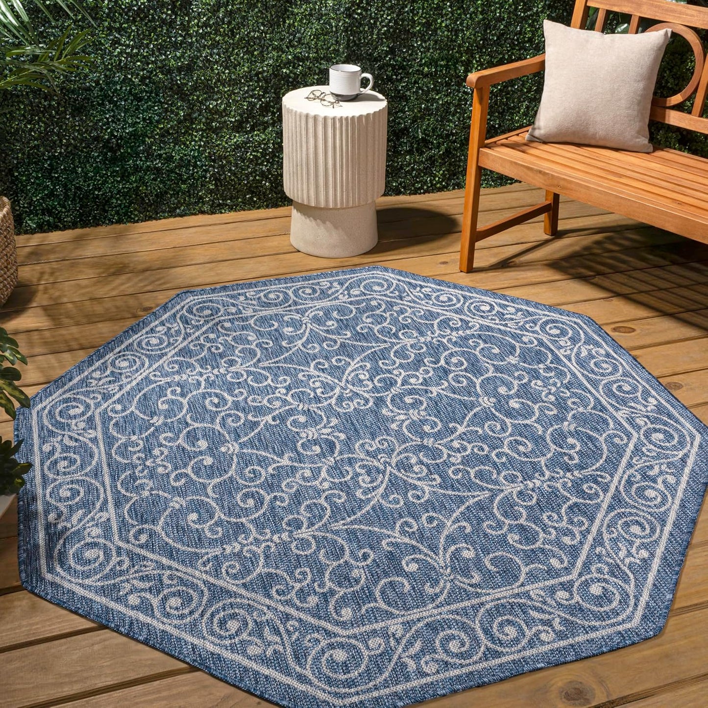 JONATHAN Y Vintage Filigree Indoor Outdoor Octagon Area Rug 8 Ft Navy/Gray, Charleston Textured