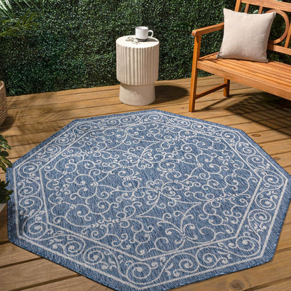JONATHAN Y Vintage Filigree Indoor Outdoor Octagon Area Rug 8 Ft Navy/Gray, Charleston Textured