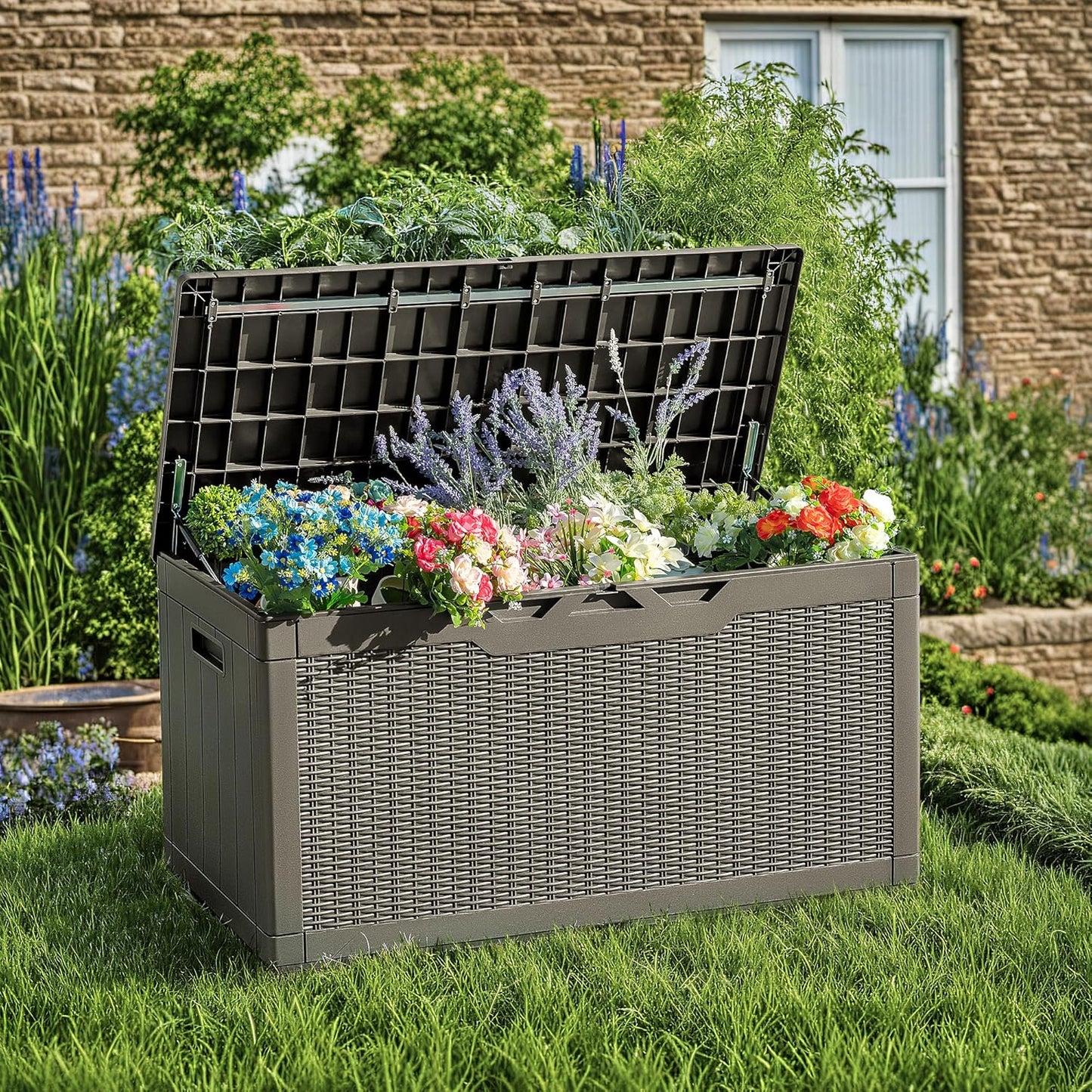 Devoko 97 Gallon Deck Box, Waterproof Resin Outdoor Storage Box for Outside and Patio, Large Outdoor Storage Bench Cabinet Lockable for Patio Furniture, Garden Tools and Pool Supplies (Brown)