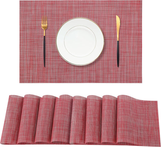 Leetaltree Red Placemats Set of 8 - Heat Resistant Non-Slip Place mats for Dining Table, Washable Durable PVC Vinyl Woven Table Mats（Red, 8）