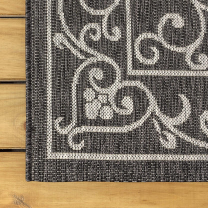 JONATHAN Y Vintage Filigree Indoor Outdoor Round Area Rug 8 Ft Black/Gray, Charleston Textured Weave for Backyard, Patio, Porch, Easy-Cleaning, High Traffic, Pet-Friendly, Non-Shedding (SMB106G-8R)
