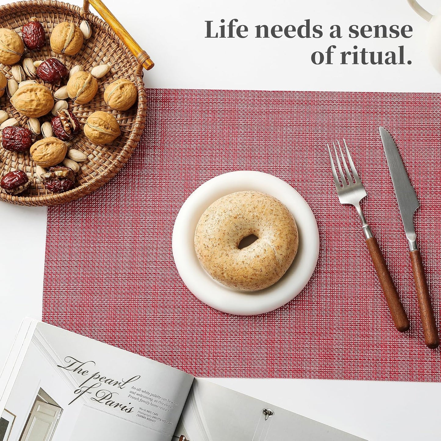 Leetaltree Red Placemats Set of 8 - Heat Resistant Non-Slip Place mats for Dining Table, Washable Durable PVC Vinyl Woven Table Mats（Red, 8）