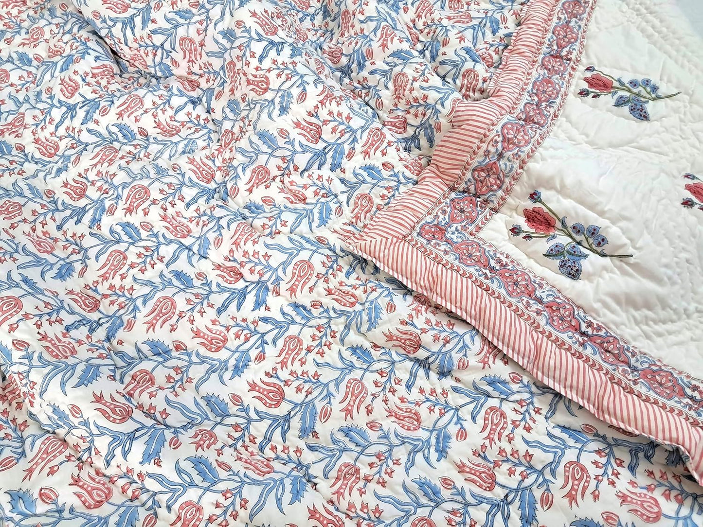 Twin Size Rose Pink Cotton Throw Blanket – 60x90 Hand Block Printed Lightweight Quilt – Soft Bedspread for Couch, Sofa & Bed – Cozy All-Season Boho Floral Blanket – Handmade in India