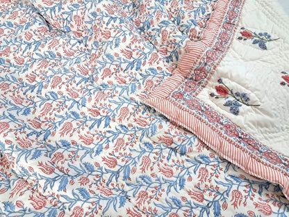 Twin Size Rose Pink Cotton Throw Blanket – 60x90 Hand Block Printed Lightweight Quilt – Soft Bedspread for Couch, Sofa & Bed – Cozy All-Season Boho Floral Blanket – Handmade in India