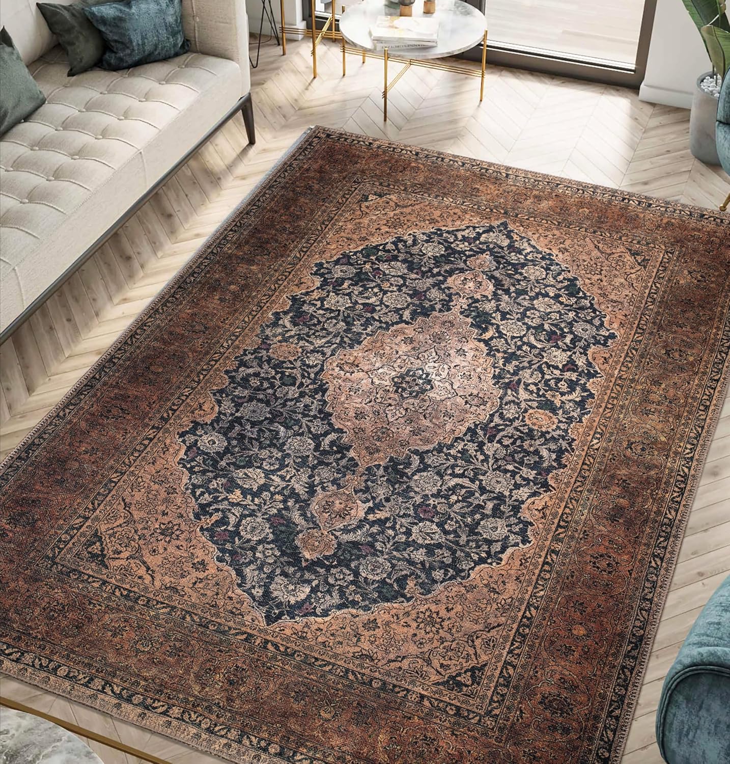 Keen Home Design 4x6 Rug - Machine Washable Area Rug with Non-Slip Backing, Ideal for Living Room, Dining Room, Bedroom - Vintage, Easy Clean, Durable, Low Pile Rug - (4' x 6')