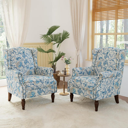 Lumibee Wingback Accent Chair, 2 Set High Back Floral Armchairs in Fabric,Comfy Upholstered Reading Single Sofa Chairs with Solid Wood Legs for Living Room,Bedroom,Office-Boho Blue