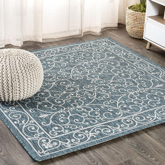 JONATHAN Y Vintage Filigree Indoor Outdoor Square Area Rug 5X5 Teal/Gray, Charleston Textured Weave for Backyard, Patio, Porch, Easy-Cleaning, High Traffic, Pet-Friendly, Non-Shedding (SMB106F-5SQ)