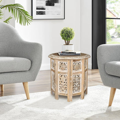 Lightnpro Hand Carved Solid Mango Wood Octagonal Accent Table - 18"×18" White Wash Farmhouse Vintage Home Décor Round End Table for Living Room, Bedroom, Entryway - Rustic Boho Side Table