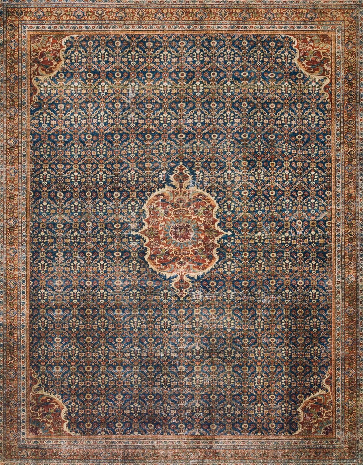 Loloi Layla Collection LAY-09 Cobalt Blue/Spice 3'-6" x 5'-6" .13" Thick Accent Rug, Soft, Durable, Vintage Inspired, Distressed, Low Pile, Non-Shedding, Easy Clean, Printed, Living Room Rug