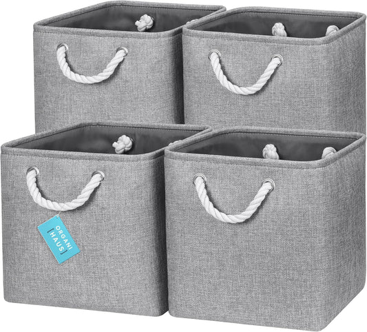 OrganiHaus 11x11 Cube Storage Bins 4 Pack, Foldable Cube Storage Organizer w/ Rope Handles, Collapsible Fabric Bins for Toys, Clothes & Closet Organization, Fabric Square Baskets - Gray
