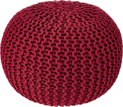 REDEARTH Round Pouf Ottoman - Hand Knitted Cable Boho Poof - Foot Stool Bean Bag - Home Décor Stuffed Footrest for Living Room - Nursery - Bedroom - 100% Cotton Poufs (19.5"x19.5"x14") - Red