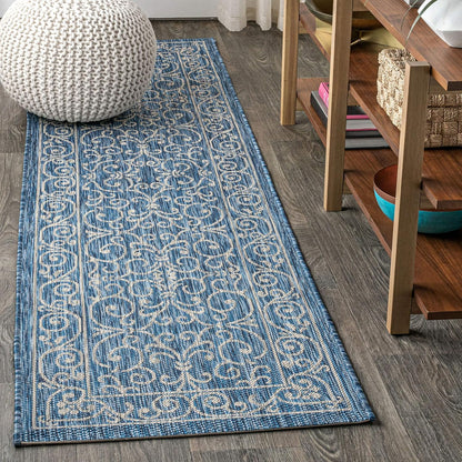 JONATHAN Y Vintage Filigree Indoor Outdoor Runner Rug 2X10 Navy/Gray, Charleston Textured Weave for Backyard, Patio, Porch, Easy-Cleaning, High Traffic, Pet-Friendly, Non-Shedding (SMB106D-210)