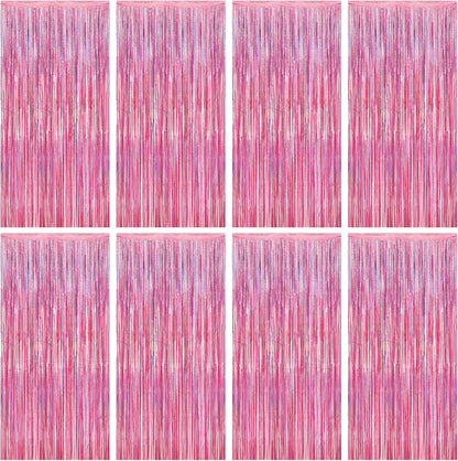 8 Pack Pink Backdrop, 3.28 FT x 7.05 FT Fringe Curtains, Metallic Glitter Pink Fringe Party Streamer Foil Curtains Tinsel Backdrop, Pink Decorations Bachelorette Party Supplies Birthday Decor