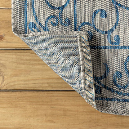JONATHAN Y Vintage Filigree Indoor Outdoor Round Area Rug 9 Ft Gray/Navy, Charleston Textured Weave for Backyard, Patio, Porch, Easy-Cleaning, High Traffic, Pet-Friendly, Non-Shedding (SMB106C-9R)