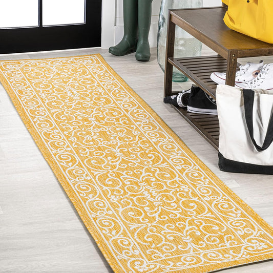 JONATHAN Y Vintage Filigree Indoor Outdoor Runner Rug 2X8 Yellow/Cream, Charleston Textured Weave for Backyard, Patio, Porch, Easy-Cleaning, High Traffic, Pet-Friendly, Non-Shedding (SMB106L-28)